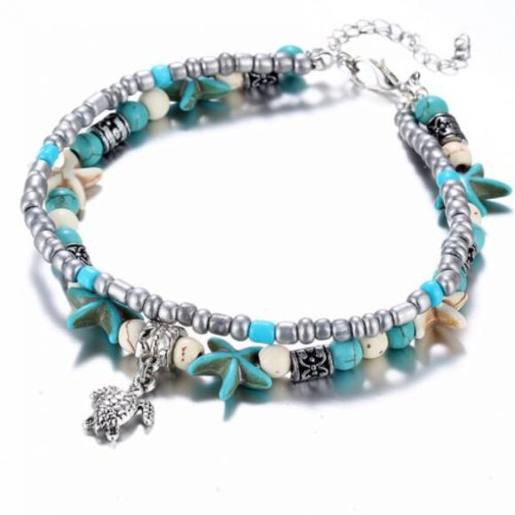 NEW By the Sea Double Ankle Bracelet Starfish Turtle Turquoise Ivory Silver - Picture 1 of 8